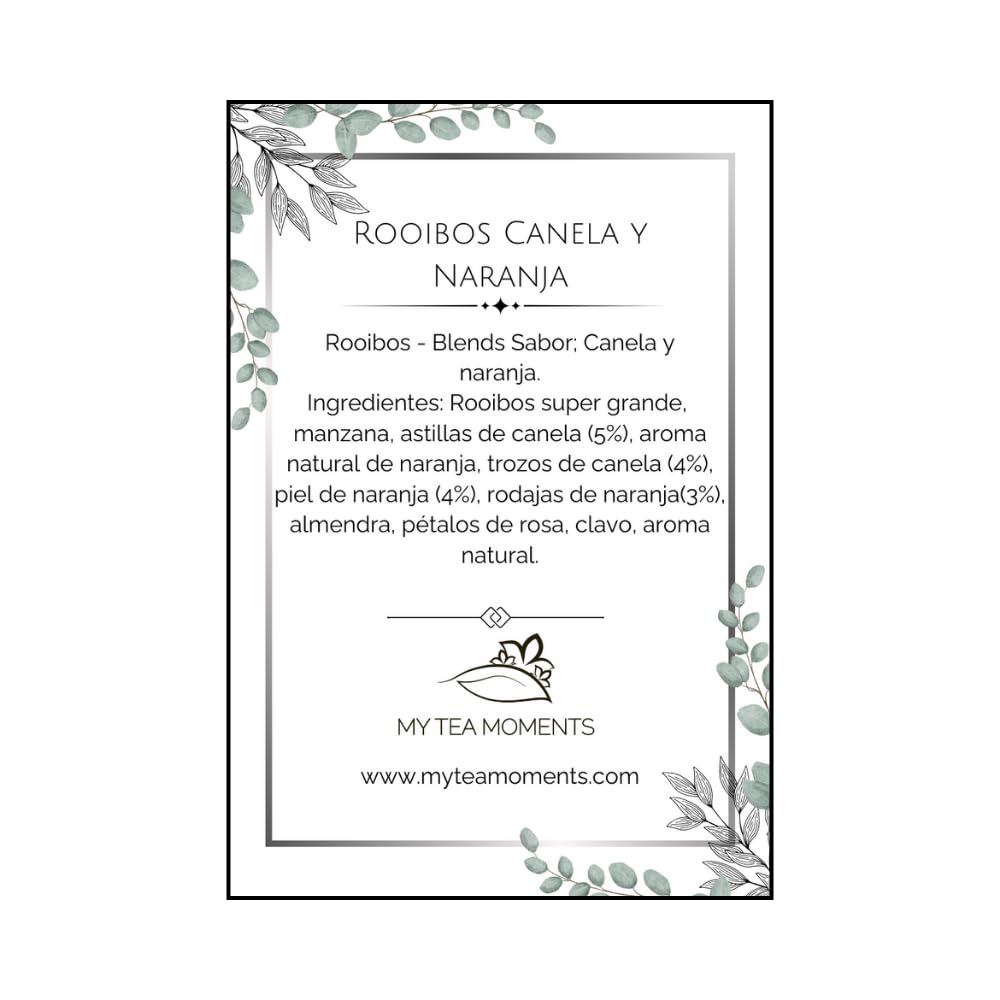 Rooibos de Canela y Naranja a Granel 100 Gramos - My Tea Moments - Cultivo Sostenible - Ingredientes Naturales: Almendra, Canela, Clavo, Manzana, Naranja, Rosa. Antioxidante, Refrescante.