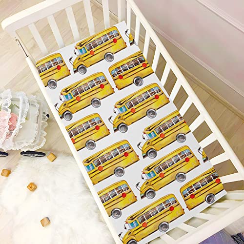 Image of Vintage School Bus Crib Sheets Soft Breathable Fitted Baby Playard Sheets Mattress Cover for Girl Boys, 39 inch x 27 inch x 5 inch