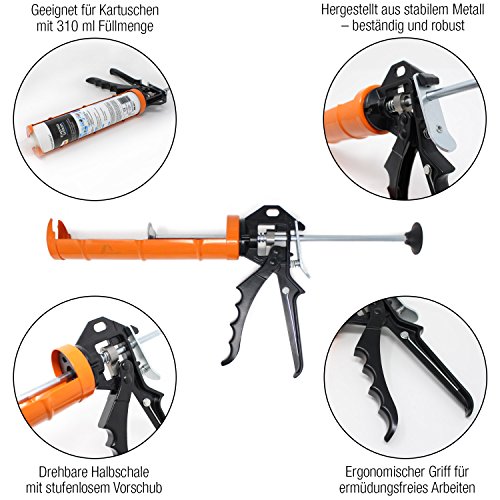 Amazy roestvrijstalen patronenpistool incl. 5 reservepunten + 3 spatels - Mechanische patronenpers en verbindingsgereedschap voor het verwerken van siliconen en acryl met 310 ml patronen | hefboomverhouding 12:1 - Afbeelding 5