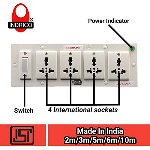 Image of INDRICO 5050 E-Book 4 + 1 Power Strip Extension Boards with Switch, Indicator, 4 International sockets White(2m) Pack of 1, Polycarbonate, White