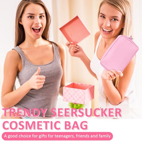 Sanwuta 3 Pcs Seersucker Cosmetic Bag Seersucker Makeup Bag Women Stripe Large Travel Toiletry Organizer Preppy Storage Pouch for Embroidery Wedding Bridesmaid Bride Mom Gift(Pink, Light Blue, Purple)4