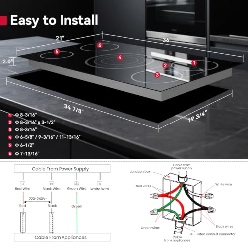 Image of GASLAND Electric Cooktop, 36 inch 5 Burners Built-in Electric Stove Top, 9200W Ceramic Top Radiant Cooktop with Touch Control, Timer, Child Lock, 9 Heat Level, Hard Wire, 220V