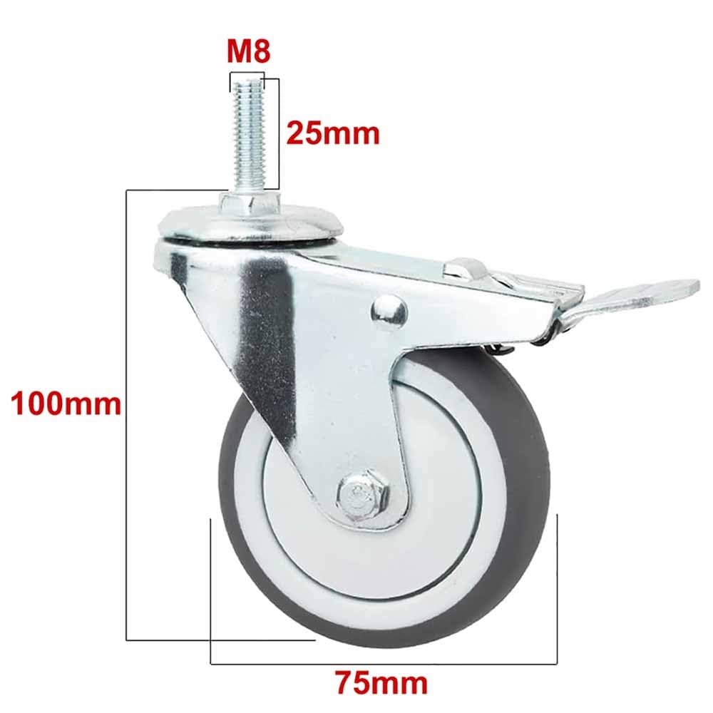 75 mm gumowe kółka skrętne z hamulcem, kółka meblowe do dużych obciążeń, nośność 130 kg, gwint M8 x 25 mm, zestaw 4 szt., ciche kółka zapewniają łatwą mobilność, rozmiar 3 cale