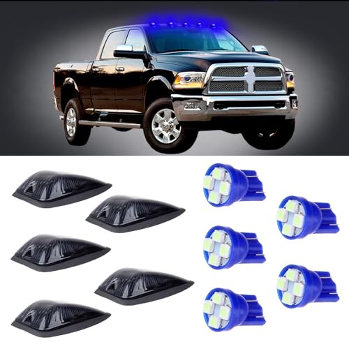 LBRST 5x Smoke Top Roof Light Cover Lens Base w/T10 4-3528-SMD Ice Blue LED Bulbs Cab Clearance Marker LED Cab Marker Roof Running Light for 1988-2002 Chevy/GMC CK1500/2500/3500/4500 Trucks Light