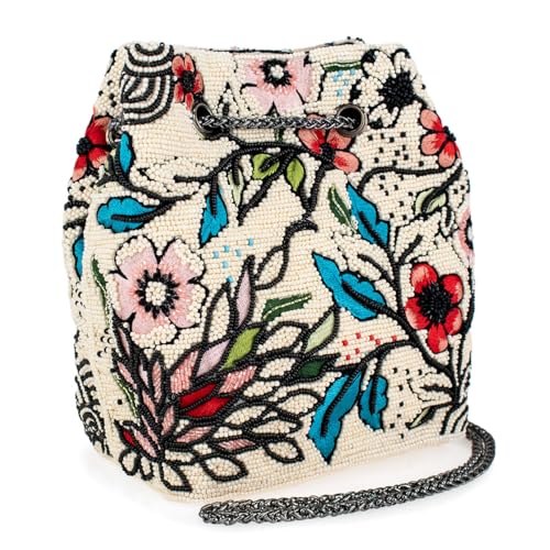 Mary Frances Flower Child Beaded Crossbody Bag Floral Embroidered Vegan Purse with Magnet Closure, Convertible Shoulder Strap, Multicolor