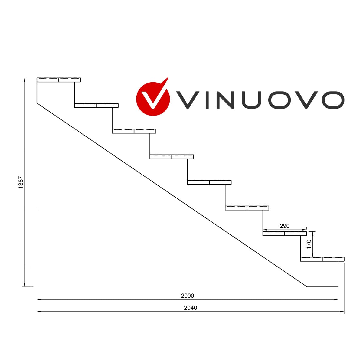 Scala esterna BERLIN, 7 gradini, Altezza 122cm, Larghezza 60cm, senza alzate, Scala in kit in Legno Autoclave- Vinuovo