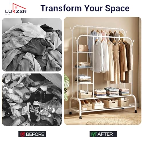 Image of Lukzer Metal Garment Stand with 6 Shelves & Double Rods, Heavy-Duty Clothing Rack with Side Hooks & Wheels, Multi-Functional Storage Organizer for Bedroom, Laundry & Entryway - (MGS-008 /White)