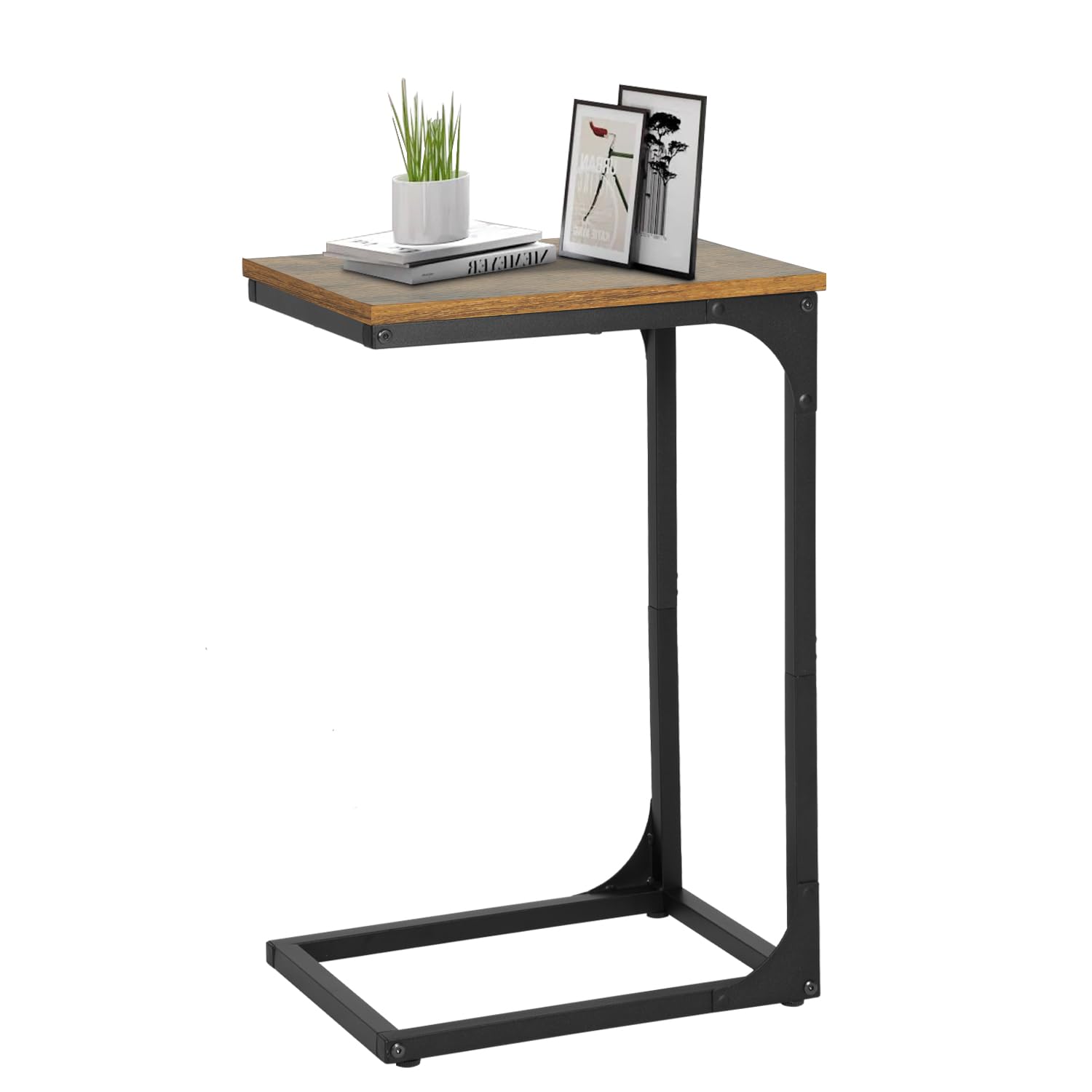 FDW C-Shaped End Table Wooden Top Side Table Adjustable Feet Small Cough Table Bedside End Table with Metal Frame for Bedroom Living Room,Brown