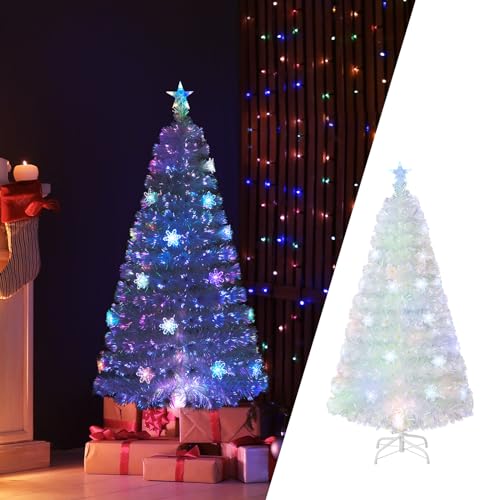COSTWAY 150 cm Weihnachtsbaum Künstlich mit Beleuchtung, Tannenbaum mit bunten LED-Lichtern & Glasfaser & Sternspitze, Christbaum für Zuhause Büro Geschäfte Hotels, Weiß