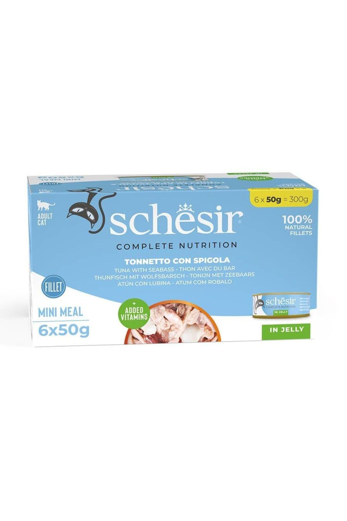 Schesir Tam ve Dengeli Ton Balığı ile Levrekli Jöle İçinde Kedi Konservesi Multipack 6x50g