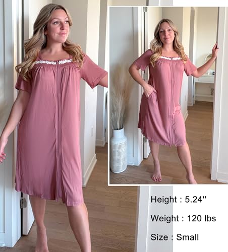 Image of Ekouaer Women Zipper Robe Short Sleeves House Coat Zipper Front Bathrobe Sleepwear with Pockets Housecoat Nightgown