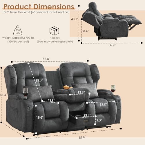 Image of SAMERY 67.6 inch Loveseat Recliner Sofa | Double Recliner Sofa & Console | Wall Hugger Loveseat Reclining RV Theater Seats | RV Couch Home Theater Seating Furniture (Velvet Charcoal)