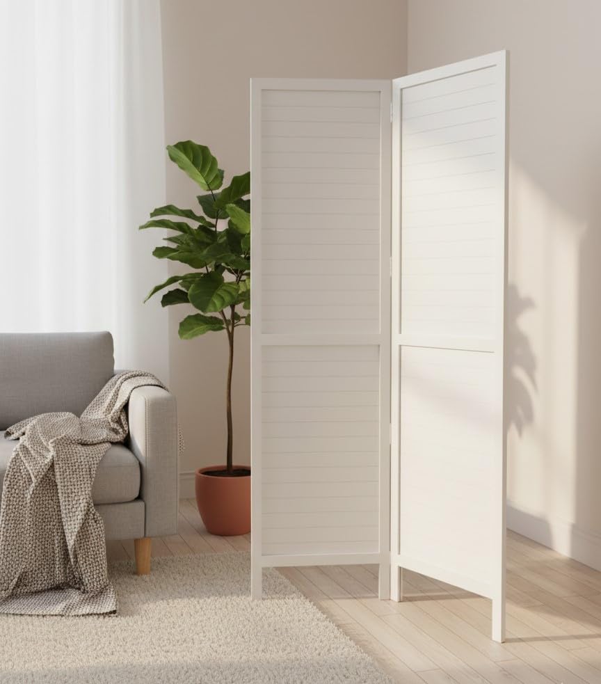 premium solid mango wood room divider –72"x20" foldable slatted panel wooden partition with matte white finish | privacy screen for home & office | decorative wooden separator (2 panel)