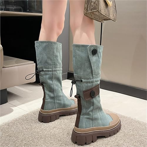 Vintage Cowboy Boots For Women Denim Chunky Heel Western Shoes High Knee Boots Women's Mid-Calf Cowgirl Boots Adjust3