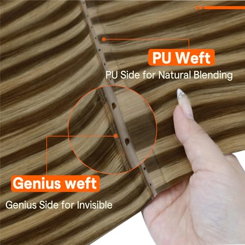 Image of Full Shine Butterfly Weft Hair Extensions, 16 Inch 50G Human Hair | Brown Highlights Blonde, Medium Length Straight Hair, Double Side Weft, Seamless Micro Bead, Invisible PU Holes, Natural Look