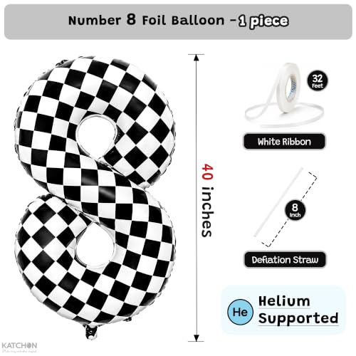 Image of KatchOn Checkered Number 8 Balloon for Birthday Decorations - 40 Inch