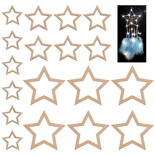 OLYCRAFT 18pcs 3 Size Star Shaped Dream Catcher Frame Wooden Rings Wood Star Hoops Wooden Hoop Rings Circle Nature Wood Hoop Craft Rings for Floral Wreath Wall Hangings DIY Craft Supplies Home Decor