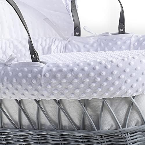 Clair de Lune | Dimple Grey Wicker Moses Basket with bedding | Includes mattress, Hood, Padded liner, Coverlet | UK Made with love (White)