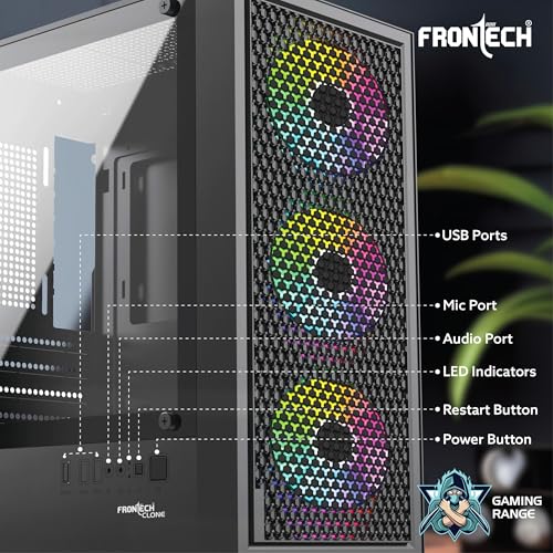 Image of Frontech Clone Gaming Computer Cabinet - 3x120 mm LED Fans, Tempered Glass Side Panel, ATX /Micro-ATX /Mini-ITX Compatible, USB 3.0 + USB 2.0 Ports, Washable Dust Filter (FT-4388)