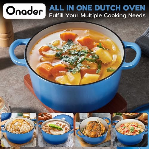Onader Enameled Cast Iron Dutch Oven Pot with Lid, 7 Quart Round Dutch Oven for Bread Baking, Heavy Duty Large Cast Iron Pot - Blue
