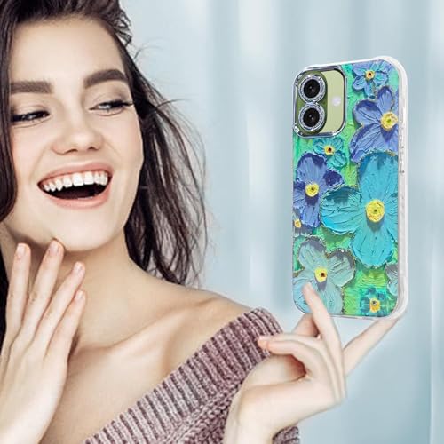 Image of Elzzi Compatible with iPhone 17 Case Oil Painting Flower Colorful with Lens Prtotection Shockproof PC+TPU Glossy Back Cover for Girls Women, Green