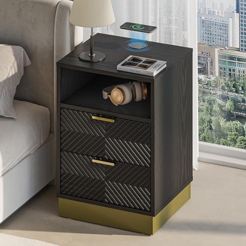 ANCTOR Modern Black Nightstand with 15W Wireless Fast Charger, Dual Drawers, USB/Type-C Port & AC...