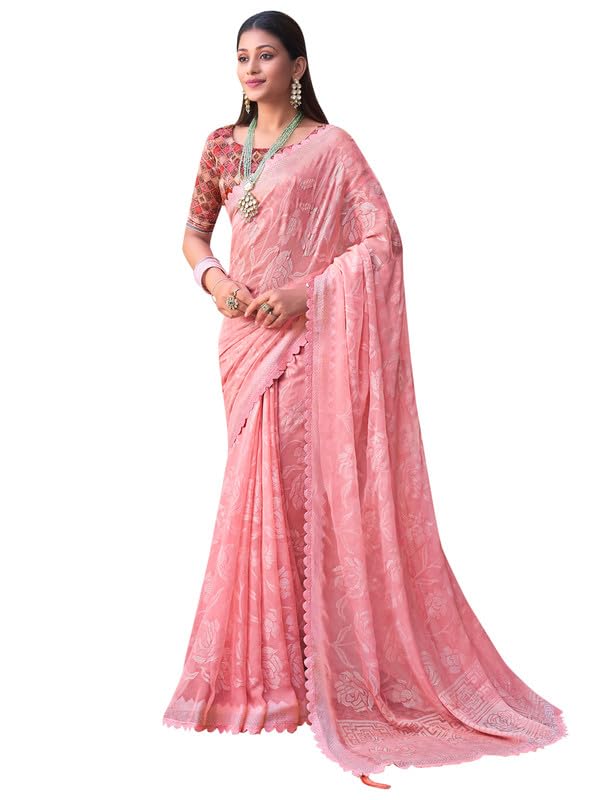 SAREE MALL Women's Chiffon Floral Embellished Saree With Unstitched Blouse Piece