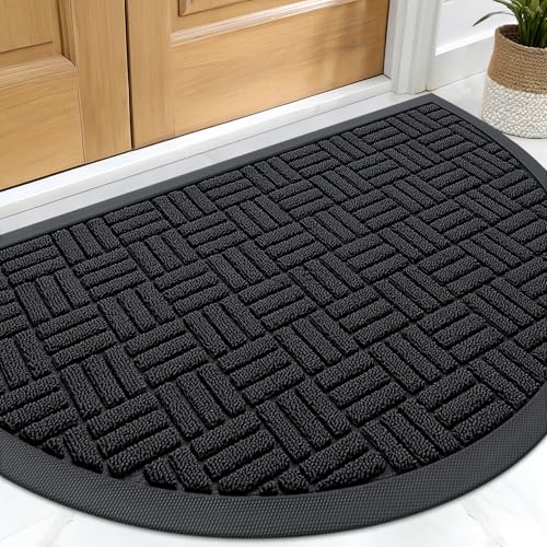 Image of OLANLY Half Circle Door Mat Outside Entrance 29.5x17, Absorbent, Heavy Duty Sturdy Natural Rubber Doormat Indoor Outdoor, Fade Resistant, Non-Slip Backing Low Profile Floor Mat for Entryway, Black
