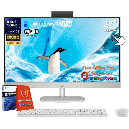 HP 27 All-in-One Desktop Computer, 27" FHD Touchscreen, Intel Ultra 7-155U(12-core), 32 GB DDR5, 1 TB SSD, Adjustable Angle, WiFi 6, Bluetooth 5.3, Windows 11 Pro, Microsoft Office 2024 Pro Lifetime