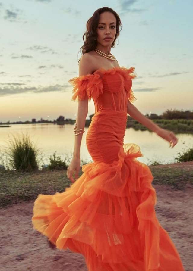 ForElise Off The Shoulder Tulle Prom Dress 2025 Mermaid Prom Dresses Tiered Long Formal Evening Gown with Slit2