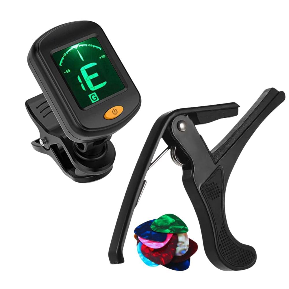 Imaginea Guitar Tuner Capo Picks Combo – Clip-On Digital Tuner for Acoustic Electric Guitar Bass Ukulele Violin – With 5 Picks and Metal Capo – Guitar Accessory Kit