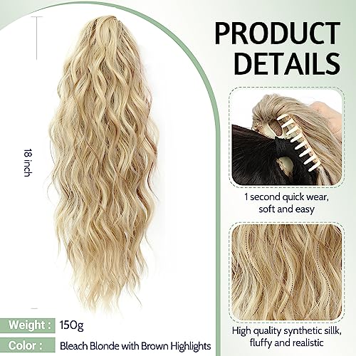 FINE PLUS 18inch Ponytail Extension Highlights Curly Wave Claw Clip in Ponytail Hair Extensions for Black Women Brown with Blonde Pony Tail Hair Hairpieces for Daily Party Use Curly Ponytail Extension - Image 3