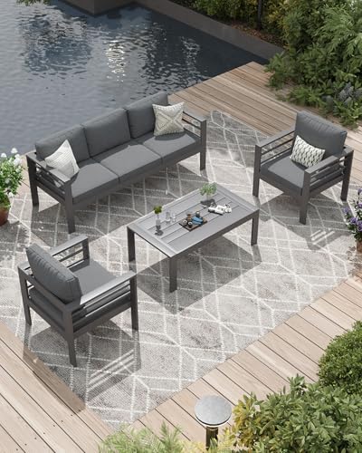 Image of AECOJOY Aluminum Patio Furniture Set, 5 Seats Modern Outdoor Furniture with Coffee Table, 4 Pieces Metal Conversation Sectional Sofa, Dark Gray