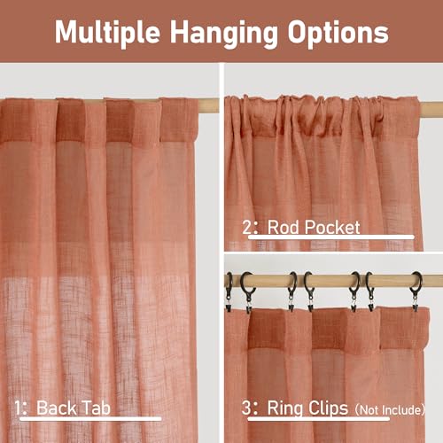 LAMIT Terracotta Linen Curtains 80 inch Length 2 Panels, Light Filtering Semi Sheer Panels Back Tab and Rod Pocket Neutral Drapes for Bedroom/Living Room, 34 x 80 Inch