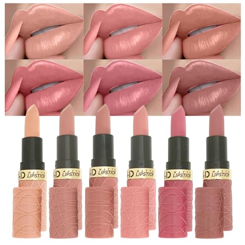 Set di rossetti opachi Confezione da 6 pezzi di rossetto con tonalità nude, rosa, caffè e marrone Formula stick labbra impermeabile e a lunga tenuta con colori ricchi e pigmenti Set trucco A