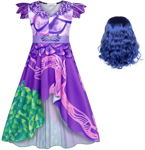 Hallojojo Niña Mal Disfraz Rave Cosplay Descendencia 3 Mal Largo Print Vestido de Princesa y Peluca para Fancy Dress Up Halloween Navidad Carnaval Fiesta Cumpleaños Mascarada Vestido de Baile