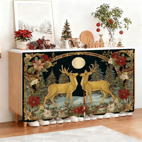 Image of Self Adhesive Golden Deer & Full Moon Cabinet Curtain for Mother's Day, 39x28 Inch Celestial Forest Under Sink Skirt No Drill, Spring Cleaning Kitchen Decor, Hook and Loop Laundry Valance