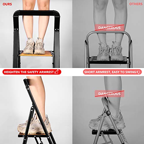 Delxo Aluminum 3 Step Ladder,2020 Upgrade Lightweight Folding Step Stool with Long Handle, Anti-Slip Study Pedal, Classic Wood Look Without Wood Worry Step Ladder, Hold Up to 330LB