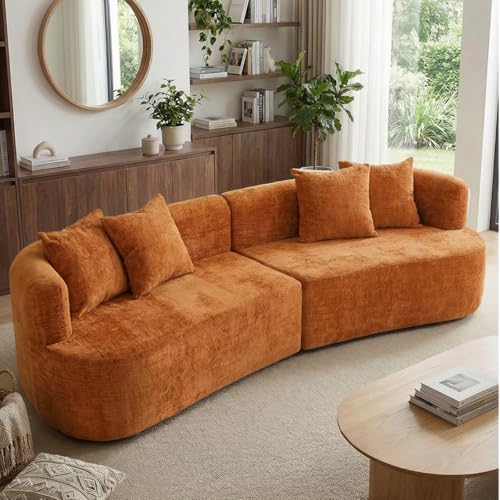 Cosiartisy 110.2" Modern Curved Boneless Sectional Couches, Curved Sofa Luxury Chenille Fabric, Oversized Modular Cloud Sofa with 4 Pillows, Comfy Deep Seat Foam Couch, No Assembly (Orange Couch)