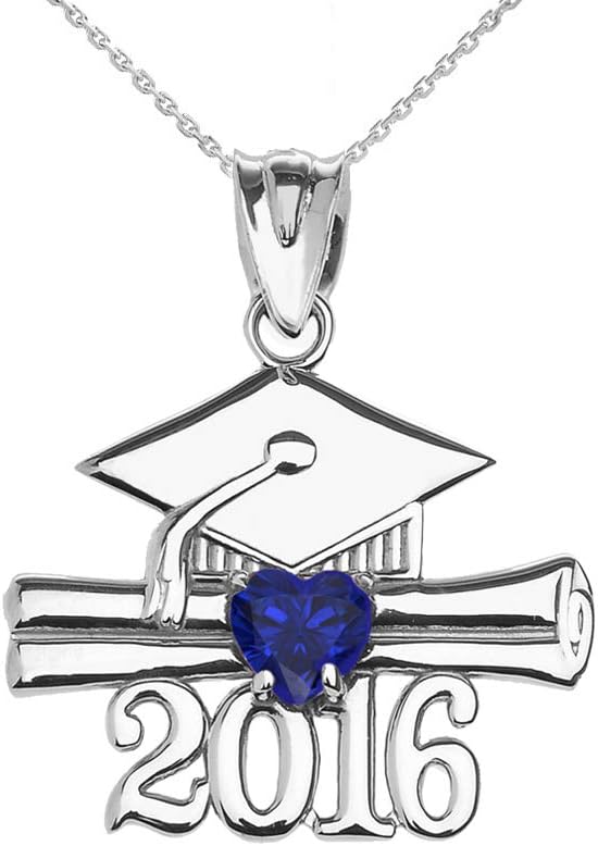 9 ct White Gold Heart September Birthstone Blue CZ Class of 2016 Graduation Pendant Necklace (Available Chain Length 16"- 18"- 20"- 22")