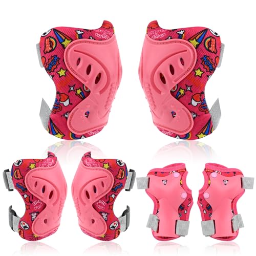 Kids Knee Pads Elbow Pads Set, Kids 6PCS Safety Protective Gear Knee Elbow Wrist Pads Set, Roller Skate Wrist Pads Guards for Skateboard Inline Roller Skating Biking Rollerblading Scooter (pink)