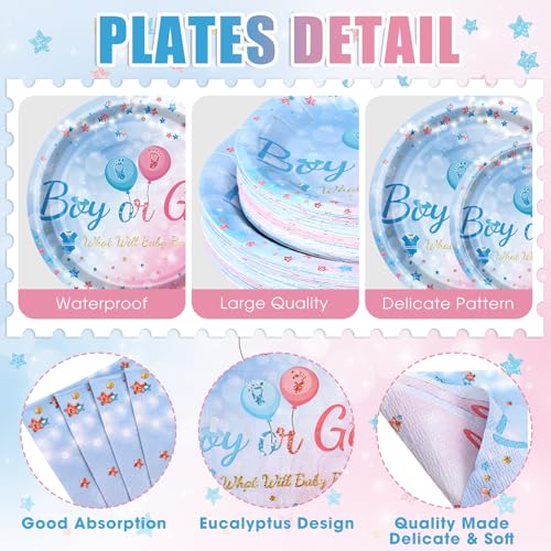 Image of Funnymoom 452 Pcs Gender Reveal Party Supplies for 50 Guests, Pink and Blue Gender Reveal Paper Plates Napkins Cups Tablecloth Cutlery Straws Disposable Tableware for Baby Shower Party Decoration