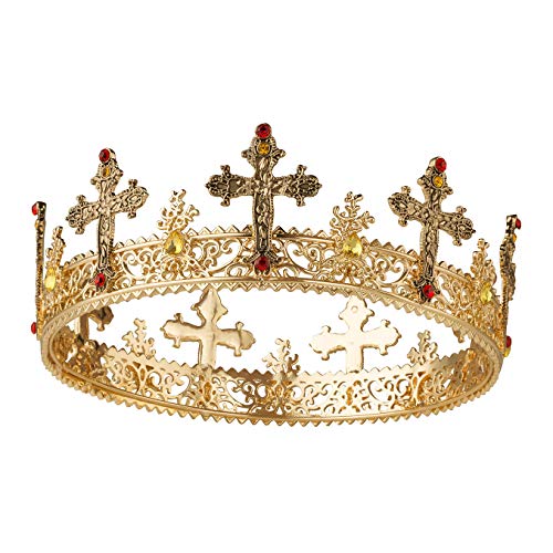 SWEETV Gold Queen Crown for Women, Vintage Wedding Crown with Cross Decor, Costume Party Accessories for Brithday Halloween Babyshower