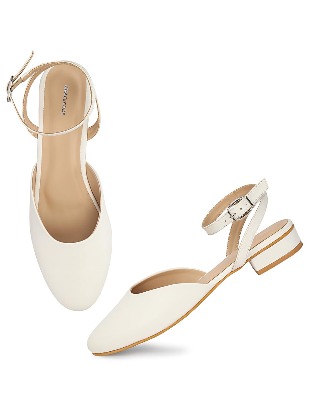 Women's White Ankle Strap Mules, Pointed Toe, Buckle Closure-image-48