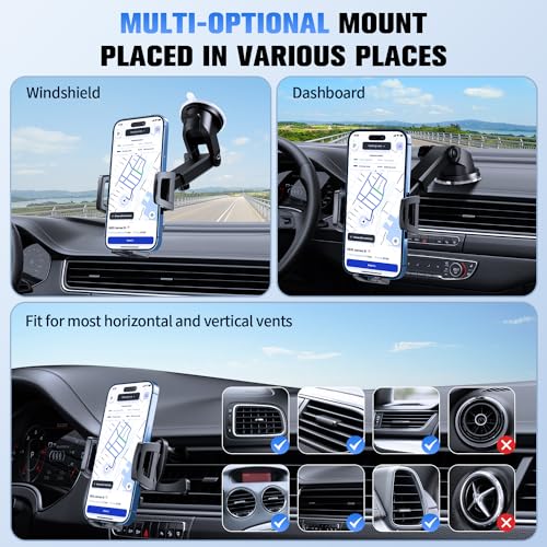 Image of SUUSON Upgraded 3-in-1 Car Phone Holder Mount [Powerful Suction] Phone Mount for Car Dashboard Air Vent Windshield,for All iPhone Android Phone, Dark Black