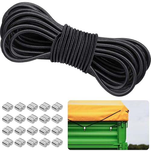 LINSOCLE Sandow Elastique Noir - Tendeur Elastique 8mm x 10m pour Bâches - Parfait pour Remorques et Tentes - Lot avec 20 Manchons de 9 mm