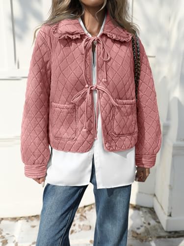 Image of Tankaneo Womens Quilted Denim Puffer Jackets Tie Front Bow Cropped Puffy Jackets Fall Cute Short Jeans Coat