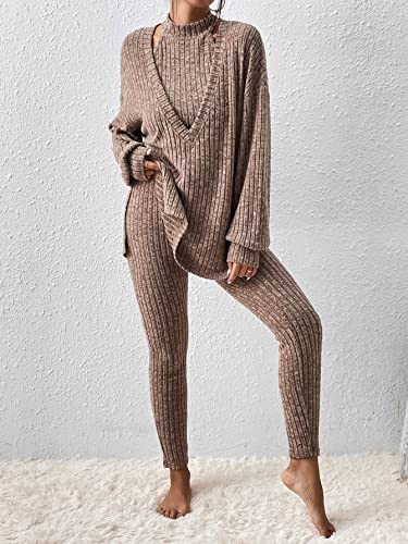Makemechic Women's Casual 3 Piece Outfits Ribbed Knit Halter Top Long Sleeve Deep V Neck Split Tee Shirt Leggings Set Khaki L #TOP2