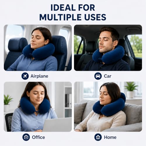 Image of Restify Premium Memory Foam Travel Neck Pillow with Eye Mask | Soft Velvet U Shape Neck Support Cushion for Flight, Airplane, Car & Office Travel | Portable Pillow for Men & Women | Navy Blue