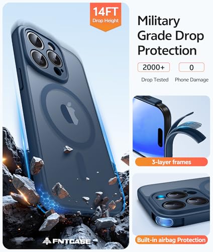 Image of FNTCASE for iPhone 14 Pro Case: [Compatible with Magsafe] Translucent Matte Cases with [Full Camera Protection] [Screen Protector] Military Grade Shockproof Protective Phone Cover - Blue